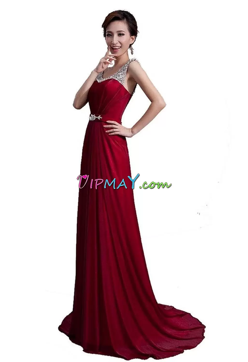 Satin and Chiffon Scoop Sleeveless Sweep Train Lace Up Beading and Lace Junior Homecoming Dress in Red