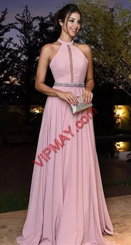 Romantic Pink and Peach Prom Gown Prom and Party with Beading and Lace Halter Top Sleeveless Sweep Train Lace Up