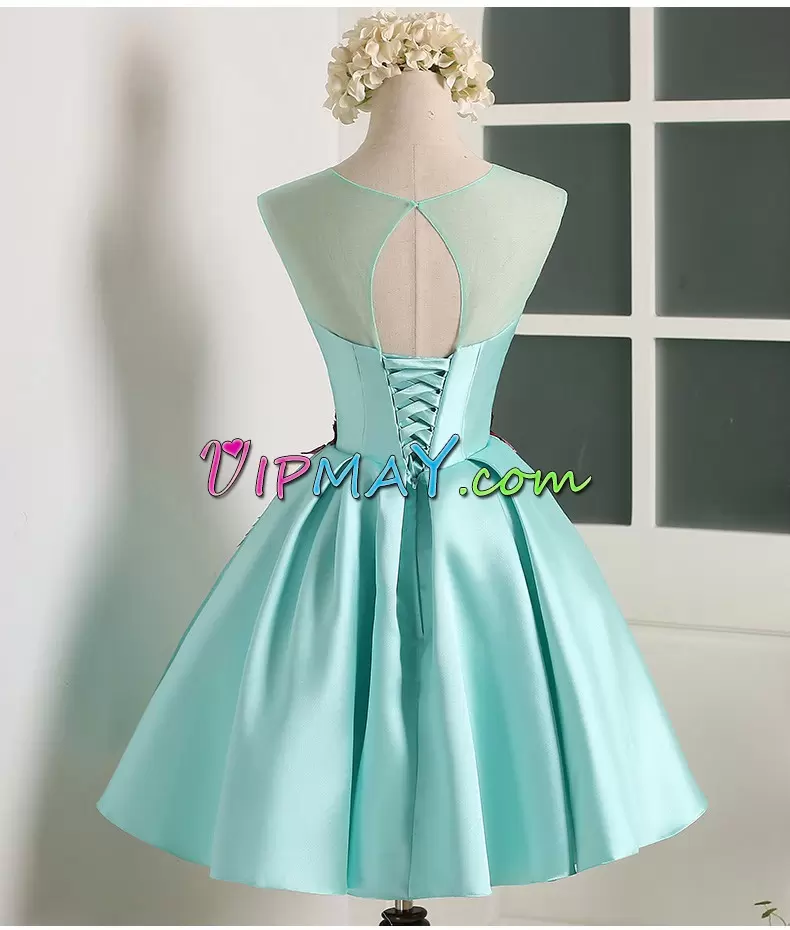 Great Apple Green Lace Up Scoop Embroidery Junior Homecoming Dress Satin and Tulle Sleeveless