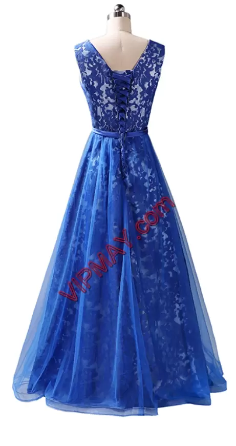 Sleeveless V-neck Appliques and Belt Lace Up Prom Party Dress