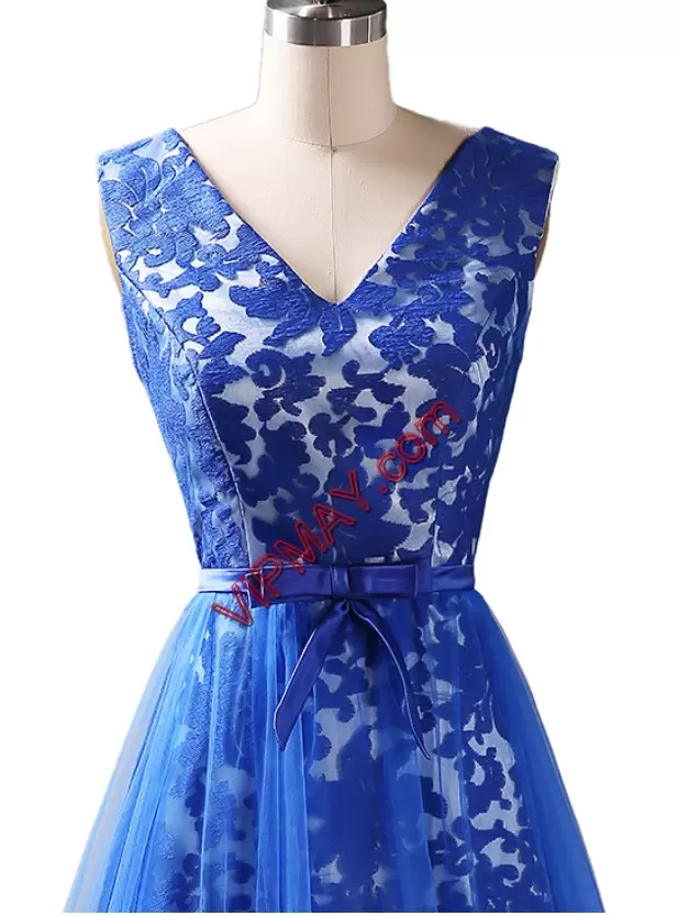 Sleeveless V-neck Appliques and Belt Lace Up Prom Party Dress