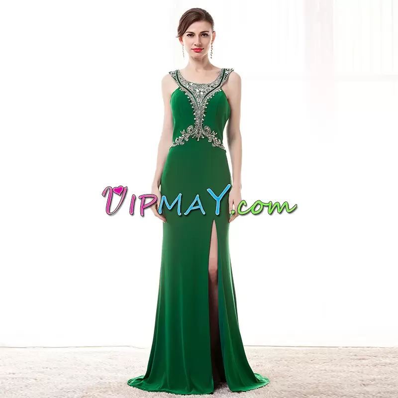 Green Mermaid Chiffon Scoop Sleeveless Beading Floor Length Backless Prom Evening Gown