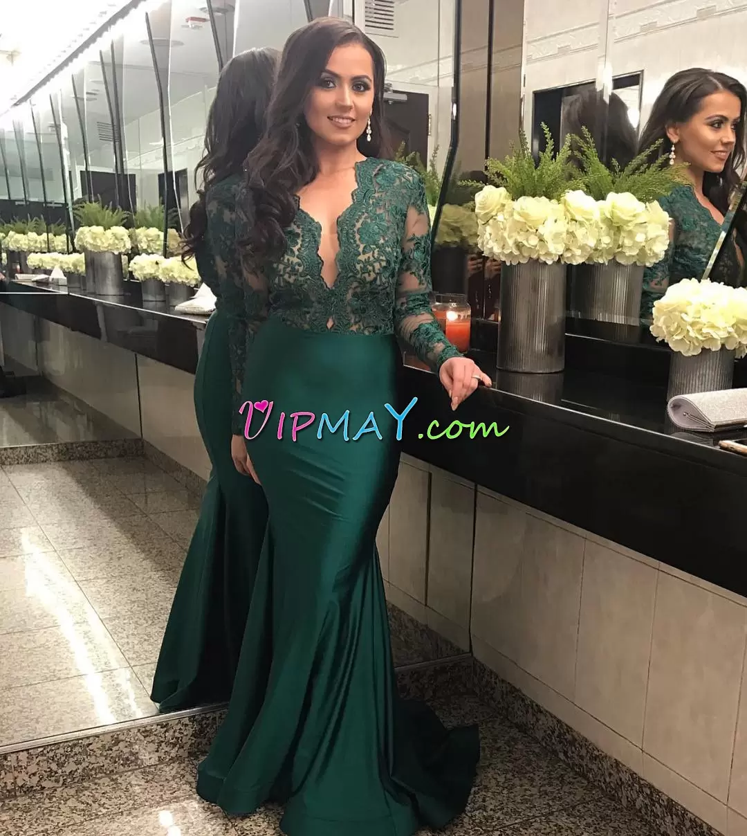 V-neck Long Sleeves Sweep Train Zipper Appliques Prom Dresses in Green