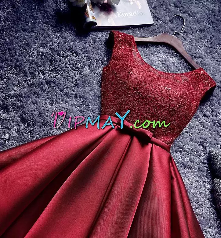 Mini Length Burgundy Dress for Prom Scoop Sleeveless Lace Up