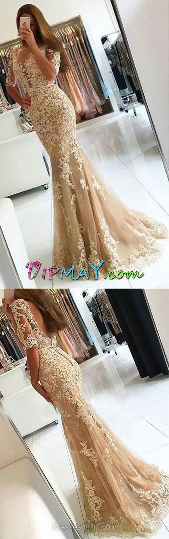 V-neck Half Sleeves Dress for Prom Floor Length Appliques Champagne Tulle and Lace