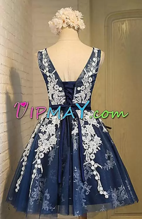 Sleeveless Tulle Mini Length Lace Up Dress for Prom in Navy Blue with Appliques