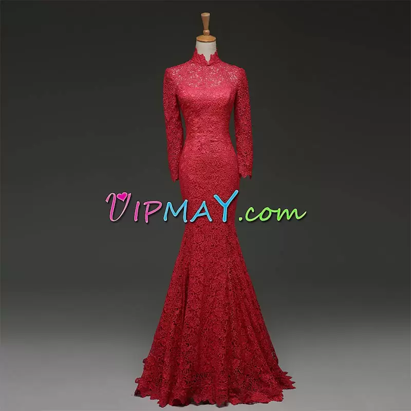 Elegant Wine Red High-neck Lace Homecoming Party Dress Long Sleeves