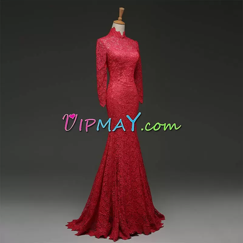 Elegant Wine Red High-neck Lace Homecoming Party Dress Long Sleeves