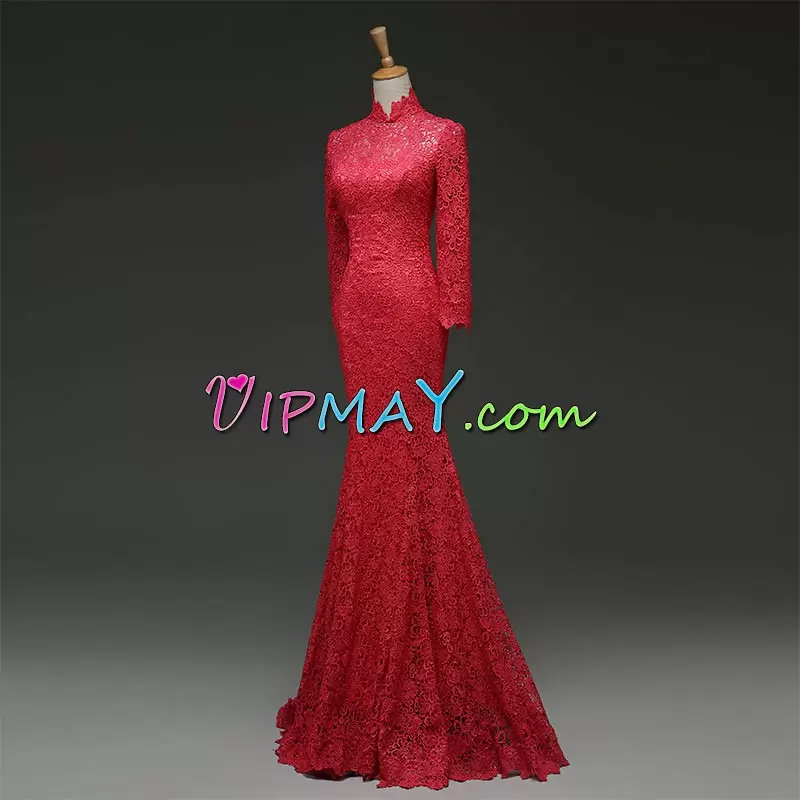 Elegant Wine Red High-neck Lace Homecoming Party Dress Long Sleeves