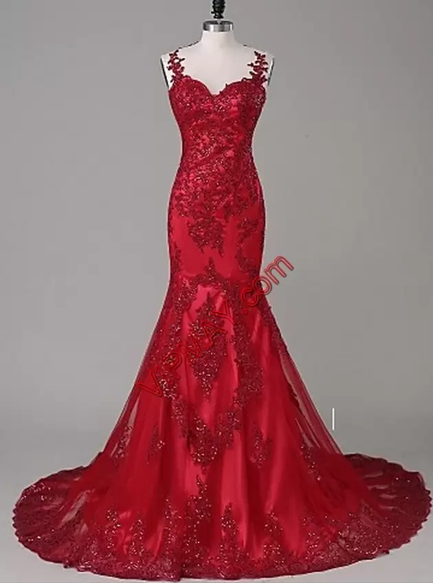 Floor Length Lace Up Prom Gown Red for Prom and Party with Beading and Lace Sweep Train