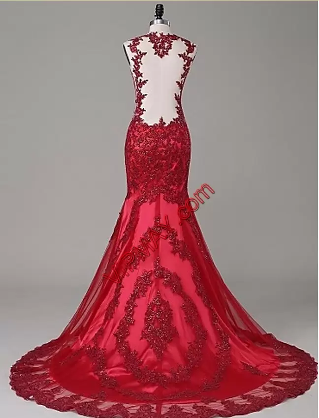 Floor Length Lace Up Prom Gown Red for Prom and Party with Beading and Lace Sweep Train