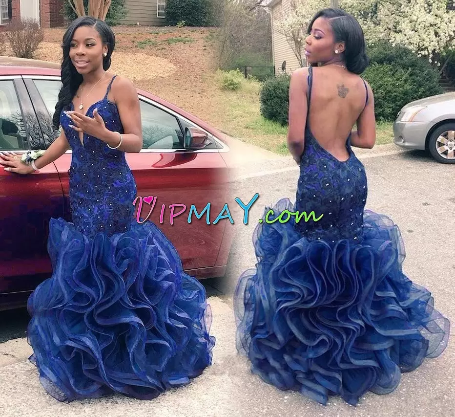 Admirable Floor Length Mermaid Sleeveless Royal Blue Prom Evening Gown Backless