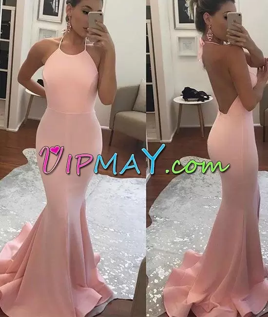 High End Halter Top Sleeveless Prom Gown Sweep Train Ruching Pink Satin