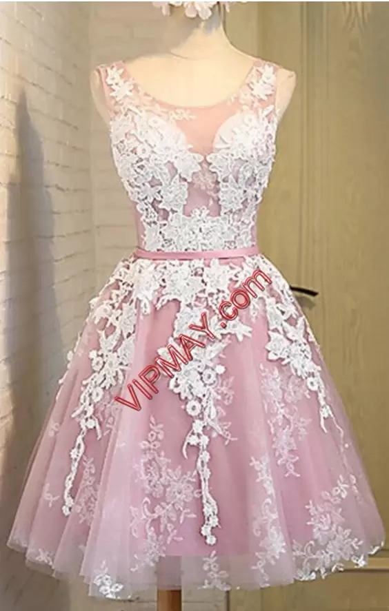 Sleeveless Knee Length Appliques and Ruffled Layers Lace Up Homecoming Dress with Pink