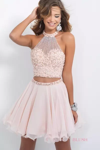 Fitting Baby Pink Two Pieces Organza Halter Top Sleeveless Beading Mini Length Backless Dress for Prom