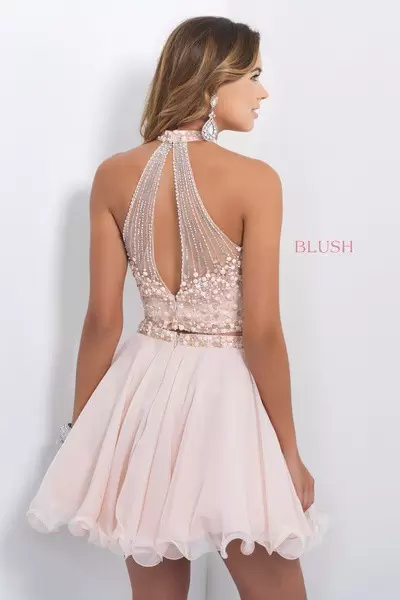 Fitting Baby Pink Two Pieces Organza Halter Top Sleeveless Beading Mini Length Backless Dress for Prom