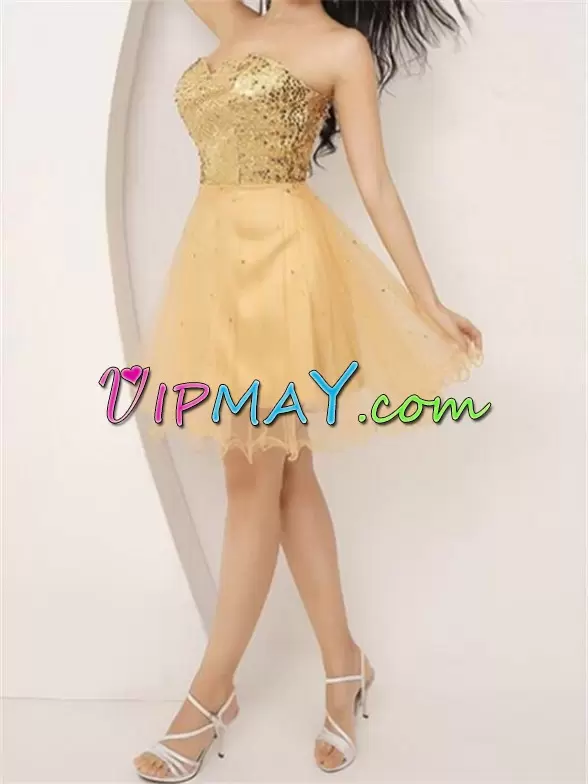 Traditional Beading Prom Gown Gold Lace Up Sleeveless Mini Length