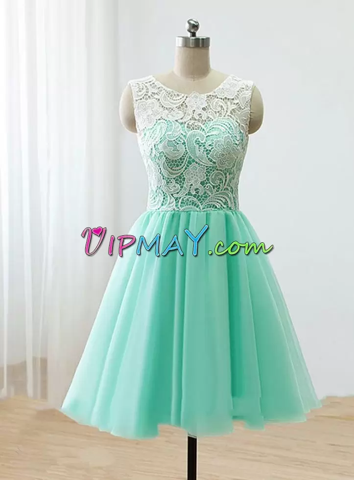Sleeveless Tulle Mini Length Zipper Prom Dress in Apple Green with Lace and Ruching