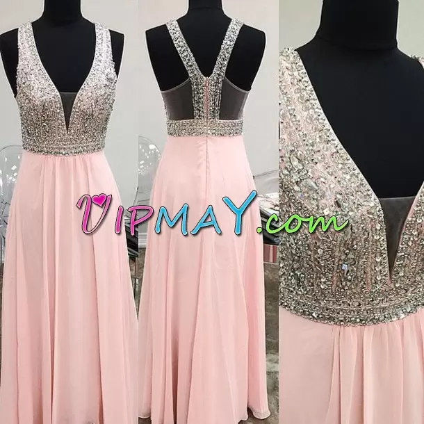 Customized Floor Length Lace Up Hoco Dress Pink for Prom and Party and Wedding Party with Beading and Lace