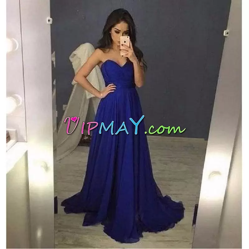 Designer Royal Blue Chiffon Lace Up Evening Dress Sleeveless Sweep Train Ruching