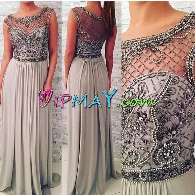 High Quality Scoop Sleeveless Homecoming Dress Online Floor Length Beading Grey Chiffon