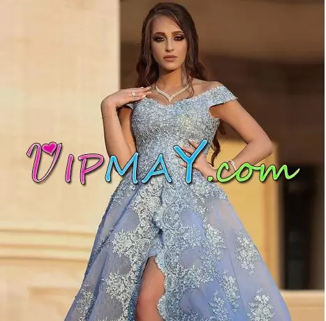 Clearance Blue Homecoming Gowns Off The Shoulder Sleeveless Sweep Train Zipper