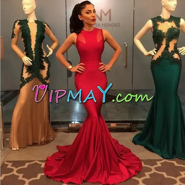 Romantic Red Satin Lace Up Homecoming Party Dress Sleeveless Sweep Train Ruching