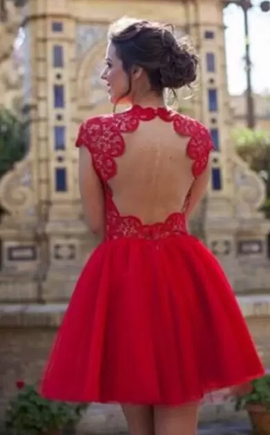 A-line Dress for Prom Red Scoop Organza Cap Sleeves Mini Length