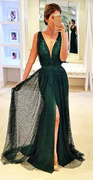 Traditional Dark Green V-neck Sleeveless Floor Length Prom Party Dress Sequins