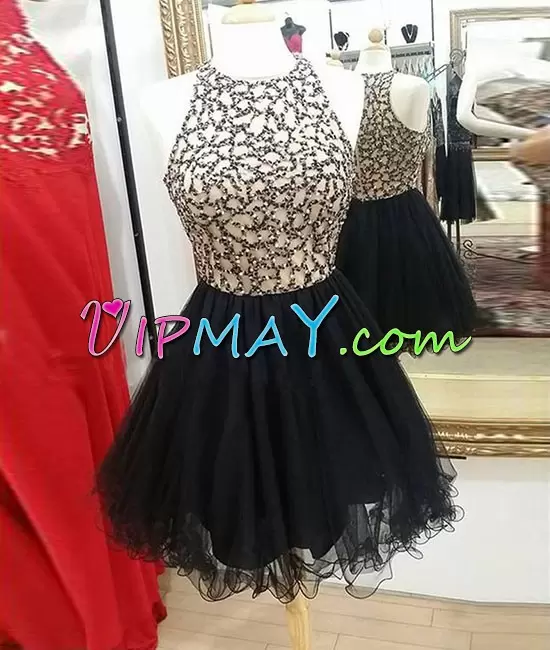 Hot Selling Black A-line High-neck Sleeveless Tulle Beading Dress for Prom