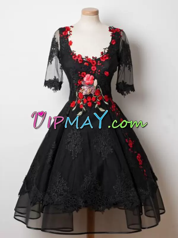 low priced cocktail dress,low price prom dress,all black short prom dress,simple short black prom dress,half sleeve lace prom dress,half sleeves prom dress,short sleeve scoop neck prom dress,short black prom dress under 100,