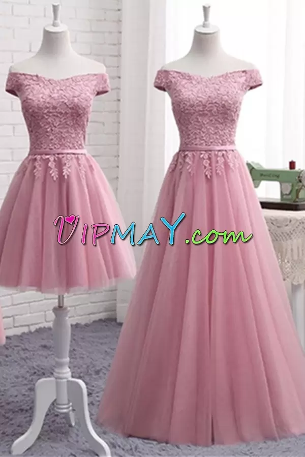 Pretty Pink Cap Sleeves Appliques and Belt Floor Length Homecoming Dress