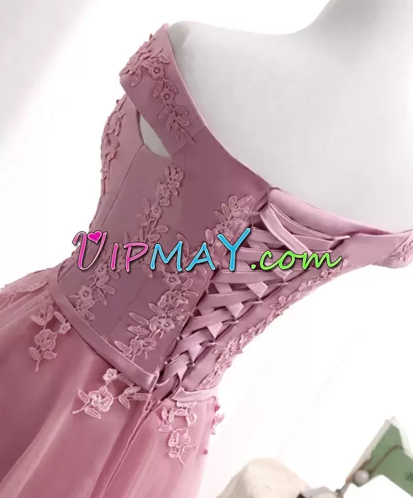 Pretty Pink Cap Sleeves Appliques and Belt Floor Length Homecoming Dress