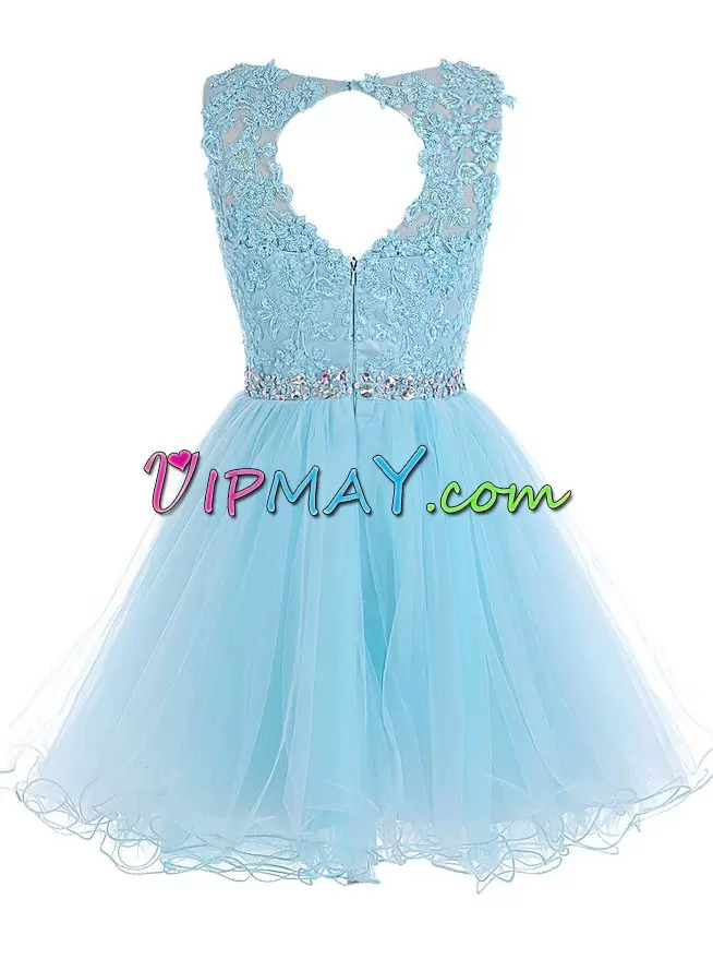 Sexy Aqua Blue Backless Scoop Beading and Lace Homecoming Party Dress Tulle Sleeveless