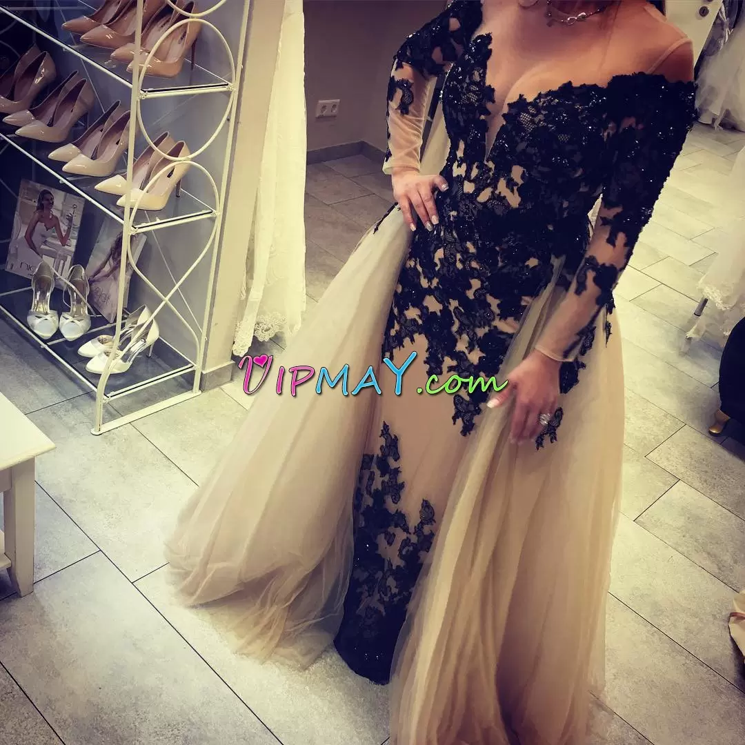 Extravagant Floor Length Black Prom Homecoming Dress Satin and Organza Sweep Train Long Sleeves Beading and Lace