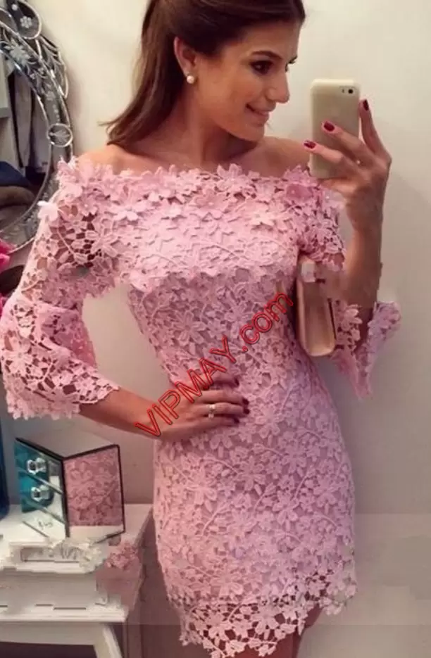 Pink Homecoming Dress Prom and Party and Military Ball with Lace Scoop Half Sleeves