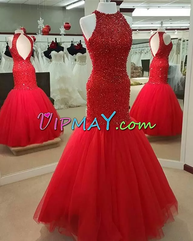 Pretty Floor Length Red Prom Party Dress Tulle Sleeveless Beading