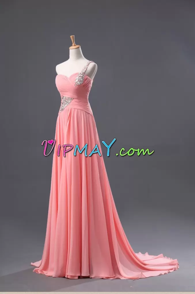 Pink Chiffon Zipper One Shoulder Sleeveless Floor Length Evening Party Dresses Beading