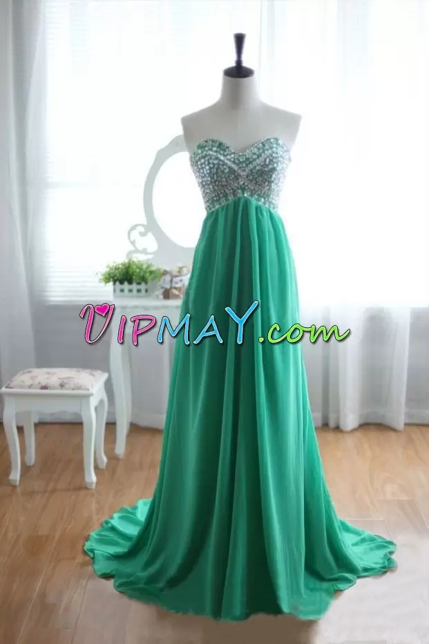 Top Selling Green Chiffon Lace Up Hoco Dress Sleeveless Sweep Train Beading