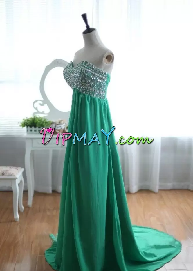 Top Selling Green Chiffon Lace Up Hoco Dress Sleeveless Sweep Train Beading