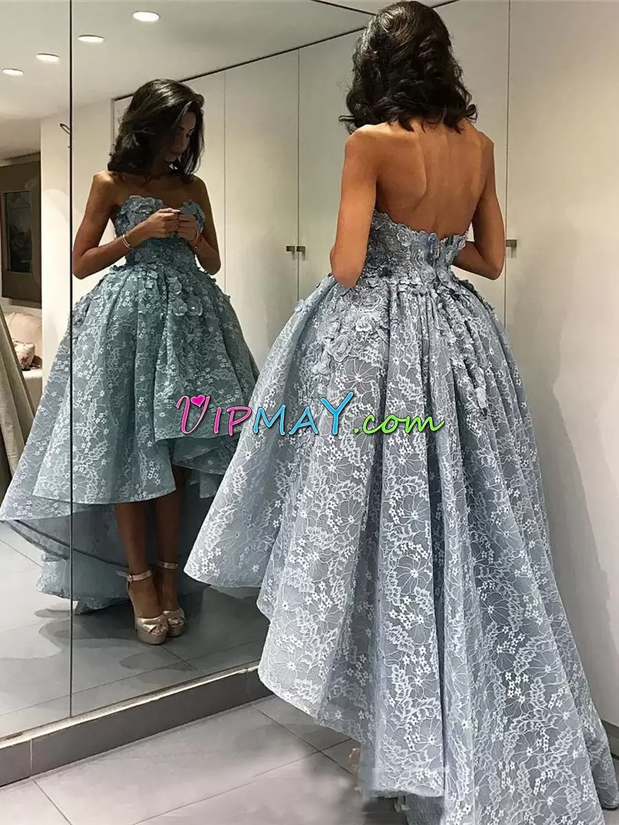 Ideal Blue Evening Gowns Prom and Party with Lace and Hand Made Flower Sweetheart Sleeveless Backless