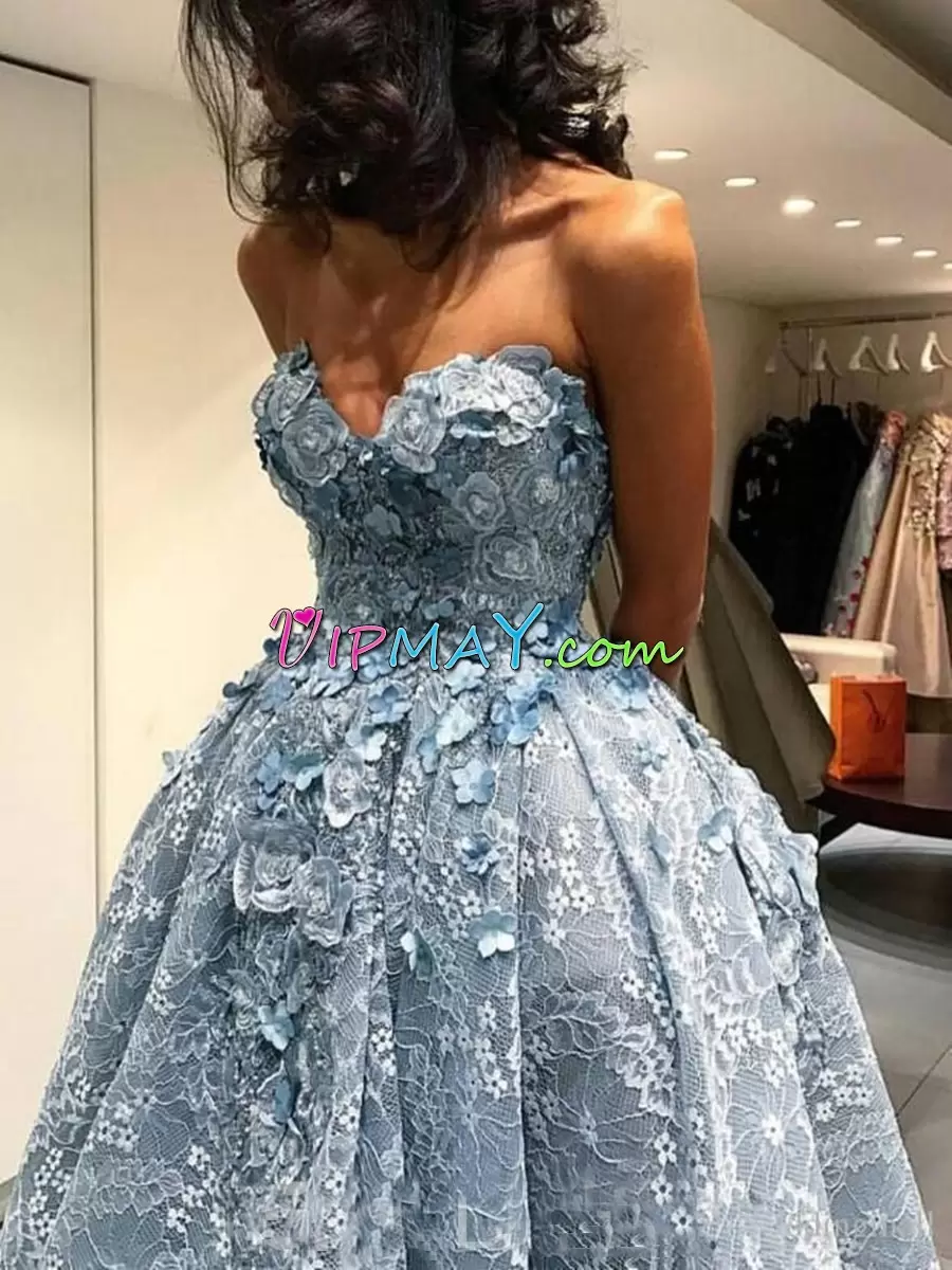 Ideal Blue Evening Gowns Prom and Party with Lace and Hand Made Flower Sweetheart Sleeveless Backless