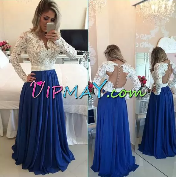 Eye-catching Blue Empire V-neck Long Sleeves Satin and Chiffon Floor Length Sweep Train Lace Up Beading and Lace Dress for Prom