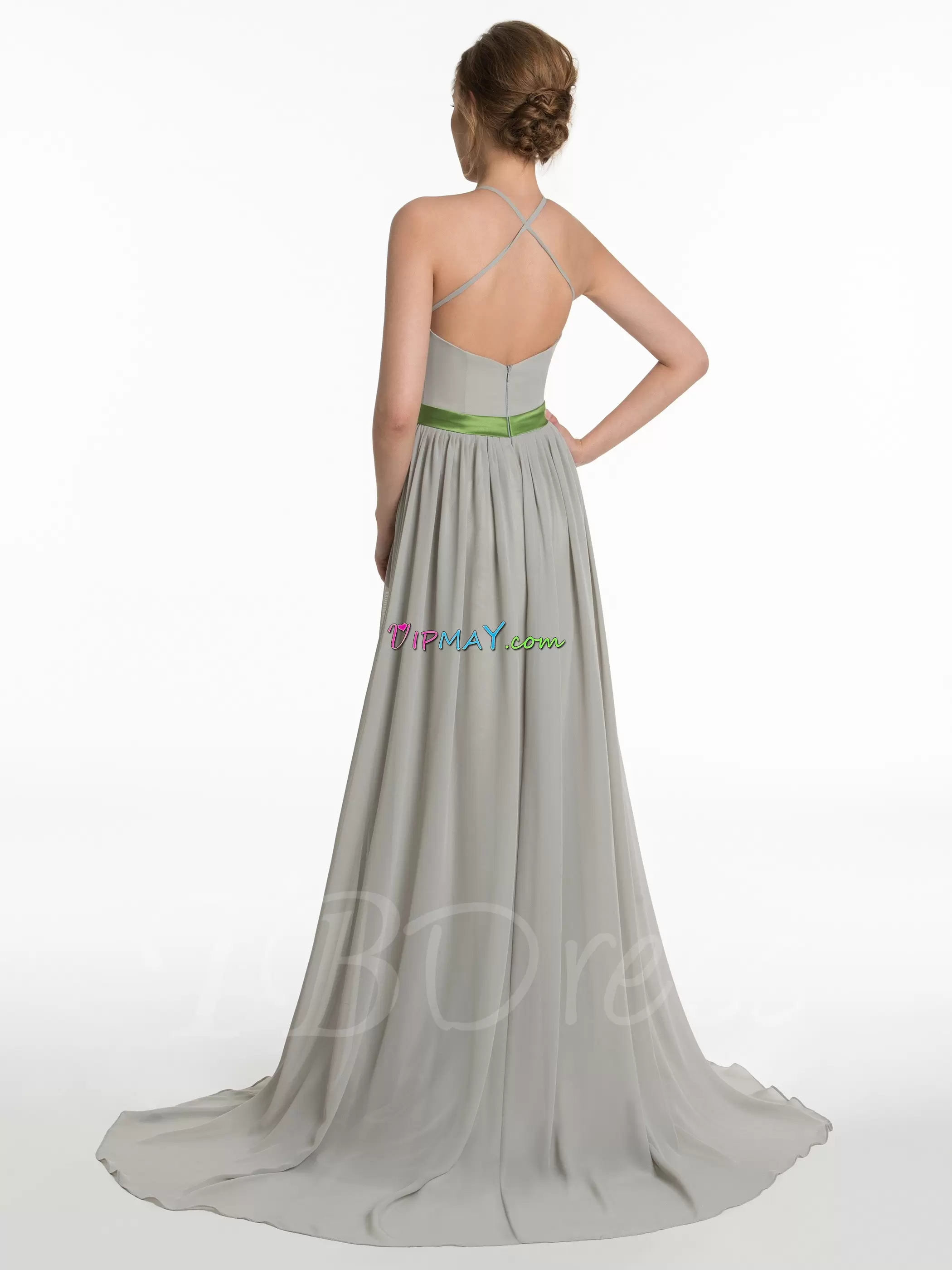 Stunning Sashes ribbons and Ruching Homecoming Party Dress Grey Criss Cross Sleeveless With Train Sweep Train