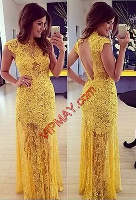 Great Lace Scoop Cap Sleeves Backless Appliques Homecoming Dress in Yellow