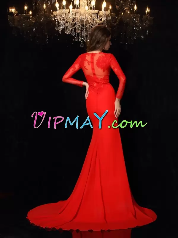 Elegant Red Long Sleeves Brush Train Lace Prom Dress