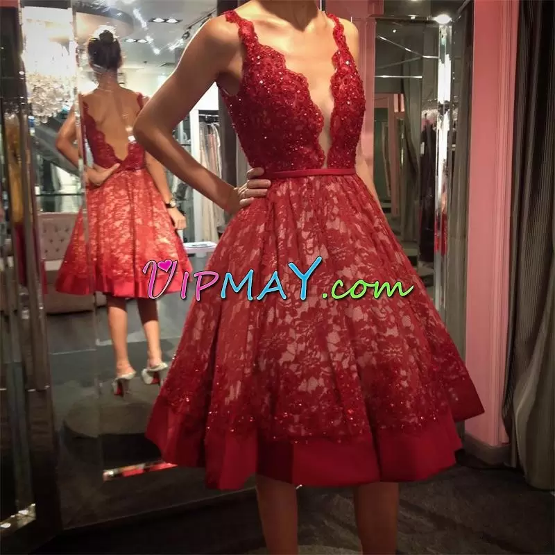 Modern Knee Length A-line Sleeveless Red Prom Dress Backless