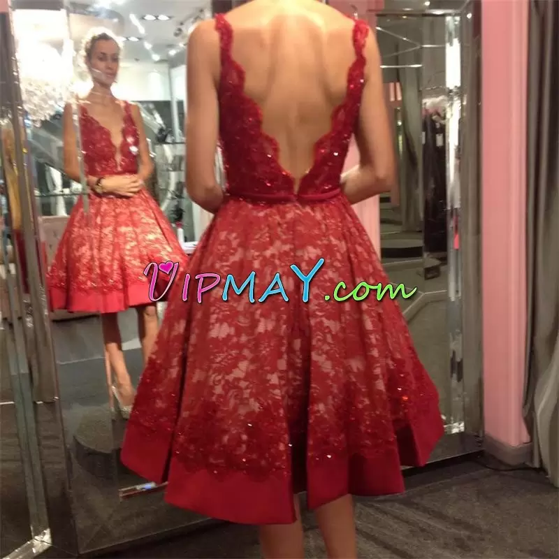 Modern Knee Length A-line Sleeveless Red Prom Dress Backless