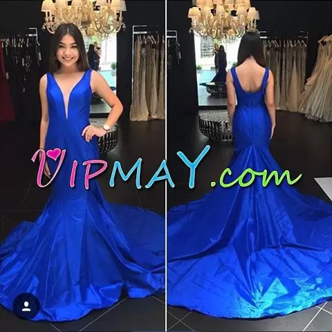 Superior Royal Blue Sleeveless Satin Sweep Train Backless for Prom and Party