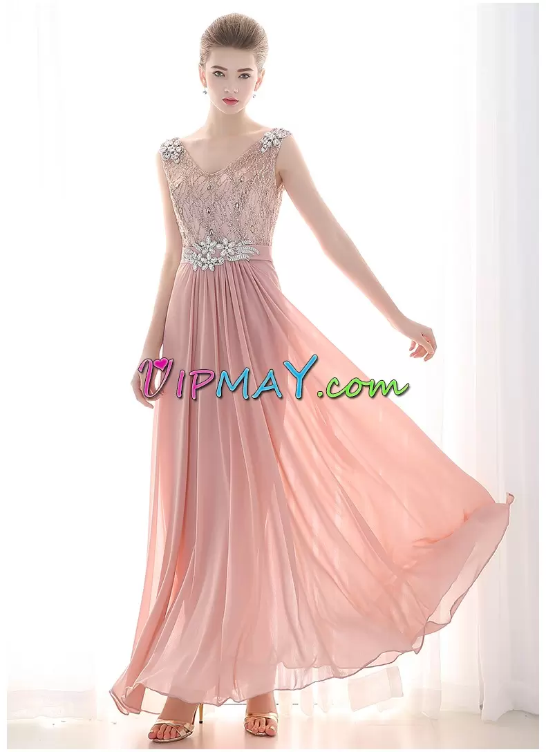 Peach Empire Satin Sweetheart Sleeveless Beading and Lace Floor Length Lace Up Homecoming Dress Sweep Train